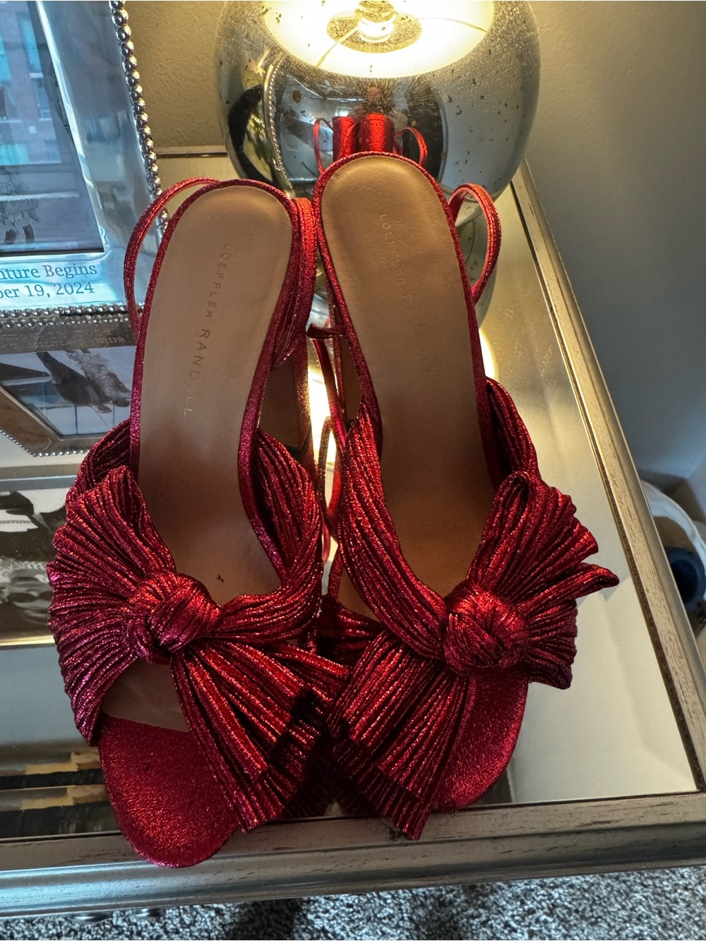 Loeffler Randall Natalia Platform Shimmery Wine Red Knotted Bow Slingback Heels